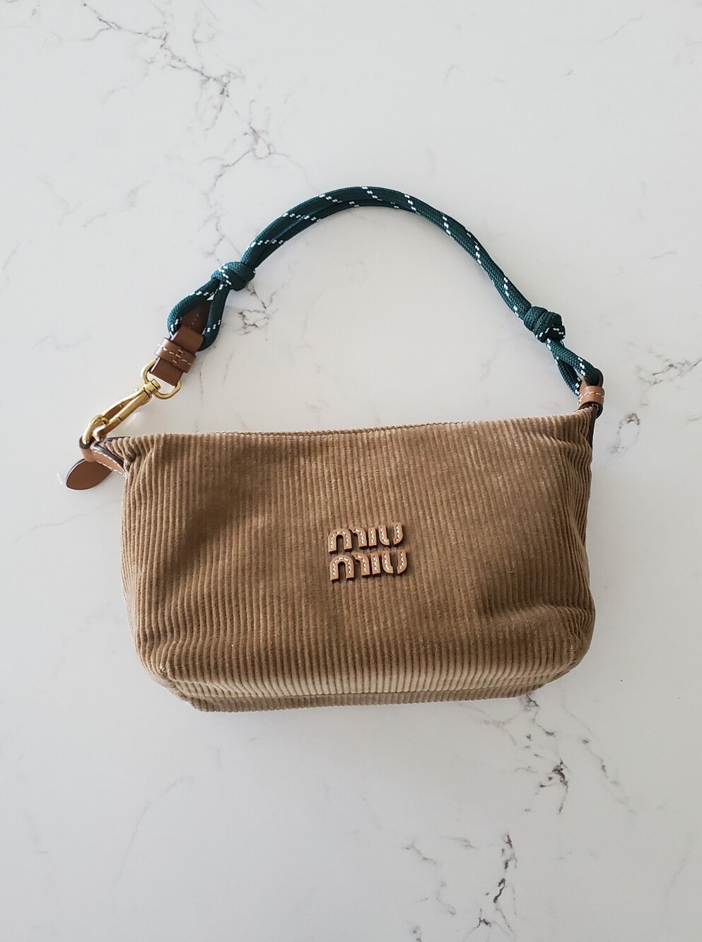 Miu Miu Corduroy Pouch In Canella/Beige  with Green Strap